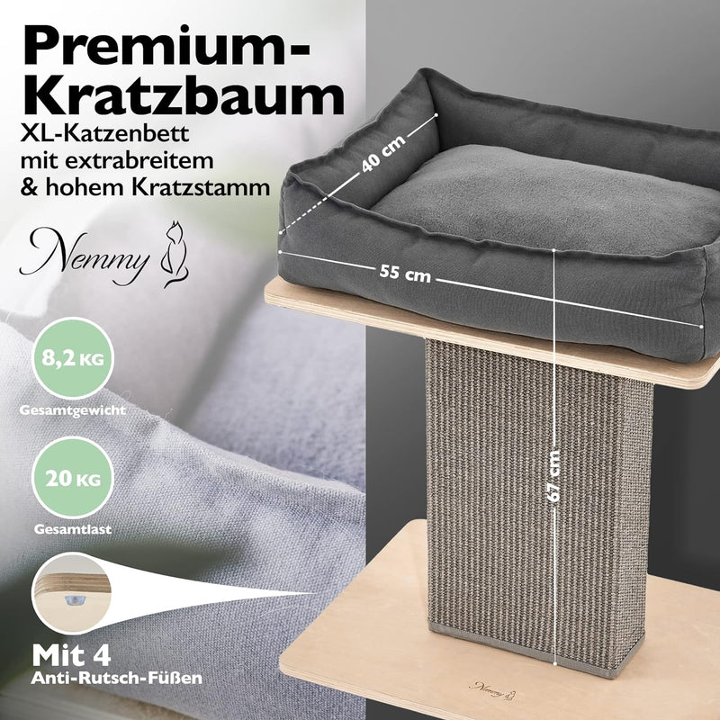 Nemmy Premium Kratzbaum klein grau | Stabiler Kratzstamm extra breit | Katzenbett mit Kissen | Katze