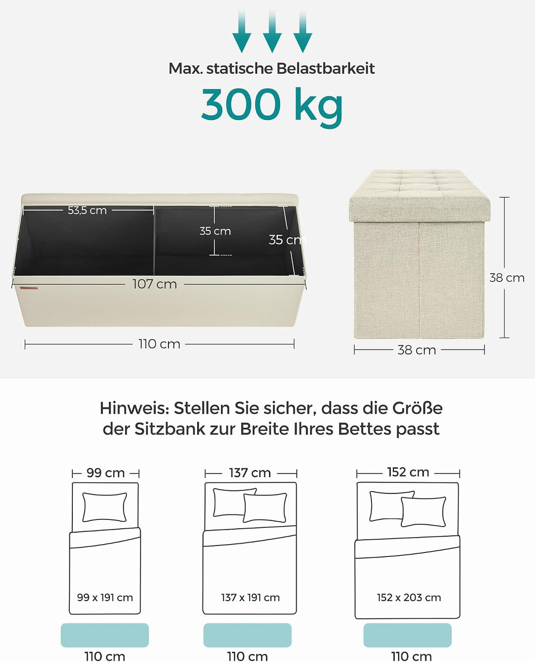 SONGMICS Sitzhocker mit Stauraum, klappbare Sitzbank, 38 x 110 x 38 cm Fussbank, Aufbewahrungsbox, b