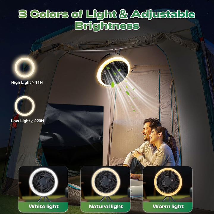 Camping Ventilator mit LED & Fernbedienung 10400mAh, Wiederaufladbarer USB Ventilator mit Haken, Tim