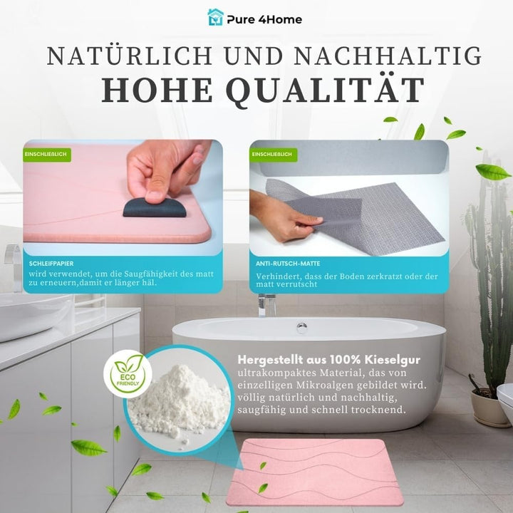 PURE 4HOME Badematte Kieselgur 60 x 40 cm – Saugstark & Schnelltrocknend, rutschfest – Diatomit Stei