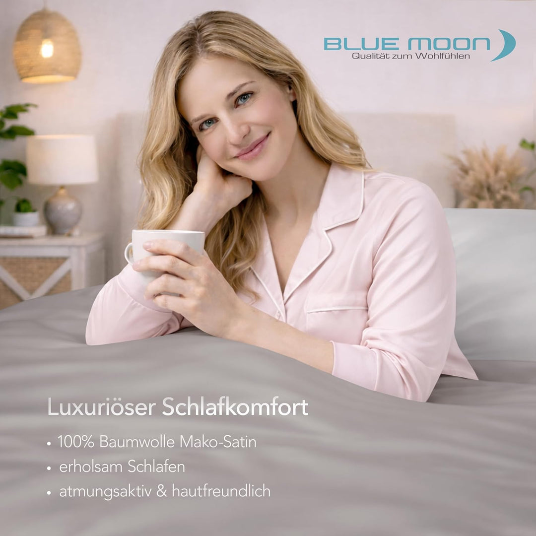 BLUE MOON Premium Bettwäsche 135x200 cm Satin 100% Baumwolle Wendebettwäsche - Made in EU - 1x Bettb