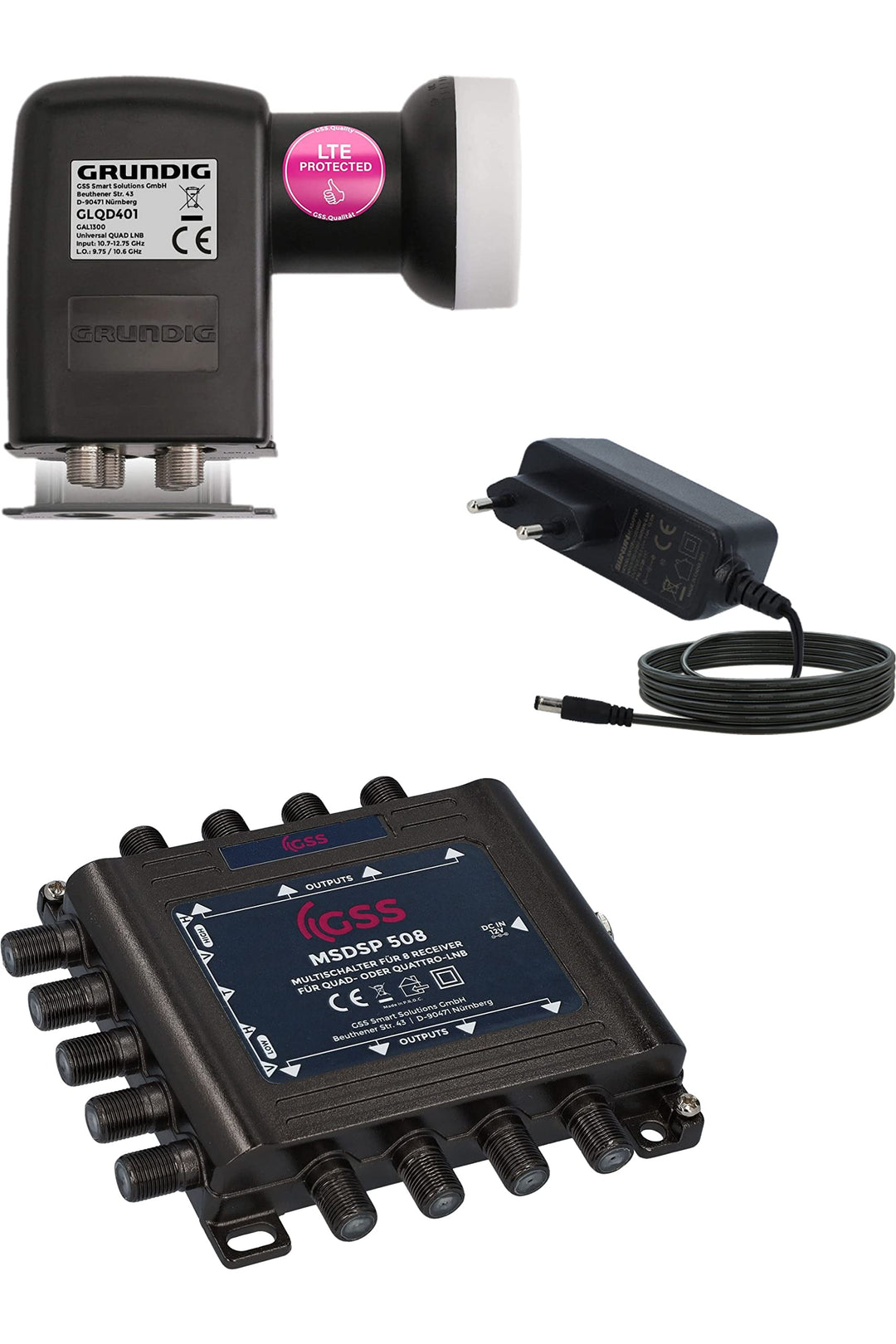 [ Test SEHR GUT *] GSS 5/8 Multischalter + GSS Grundig 4fach Quad LNB im Set, Multiswitch für 1 Sate