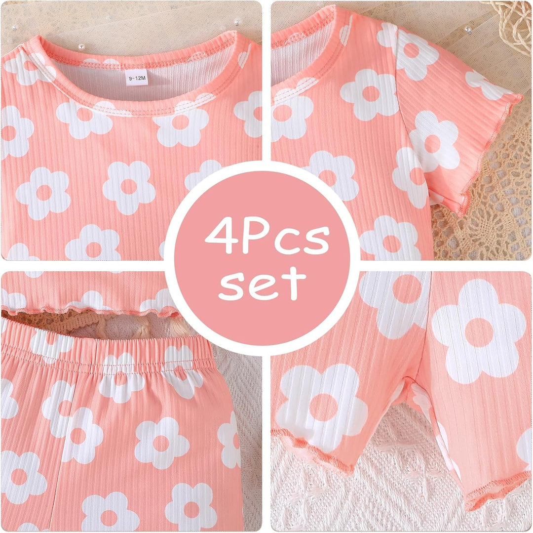 Kleinkind Baby Mädchen kleidung Set Rüschen Gerippte Kurzarm/Langarm T-Shirt Tops + Shorts Hosen 4Pc