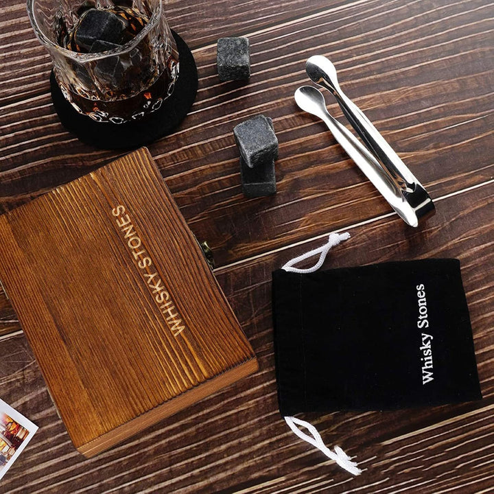 Holzsammlung Whisky Gläser Geschenkset, Whisky Steine Set mit 9 Whisky Steine, Whiskey Cooling Stone