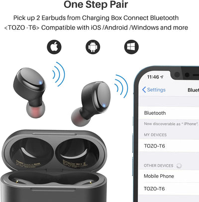 TOZO T6 Bluetooth Kopfhörer Kabellos In Ear Kopfhörer Touch Control mit Kabellosem Ladecase, IPX8 Wa