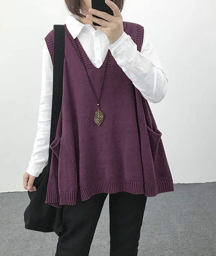 Janein Damen Pullunder ärmellos V Ausschnitt Stricken Weste Oversize Strickweste Beheizbare Tank Top