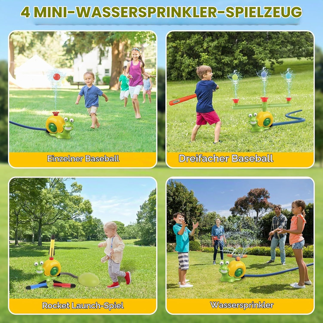 deAO 4-IN-1 Gartenspielzeug mit Wasserspritzfunktion und Schaumra: Baseball + Raketenstart mit 360°