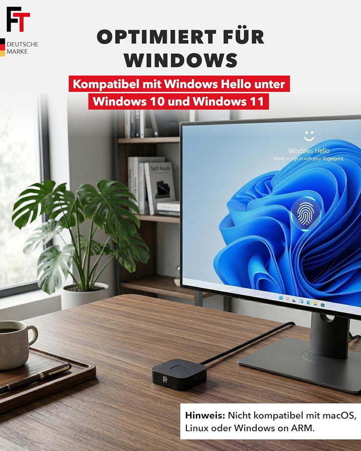 FeinTech FPS400 USB 3.0 Hub mit Fingerabdruck-Sensor für Windows Hello mit USB-Hub, mit USB-Hub