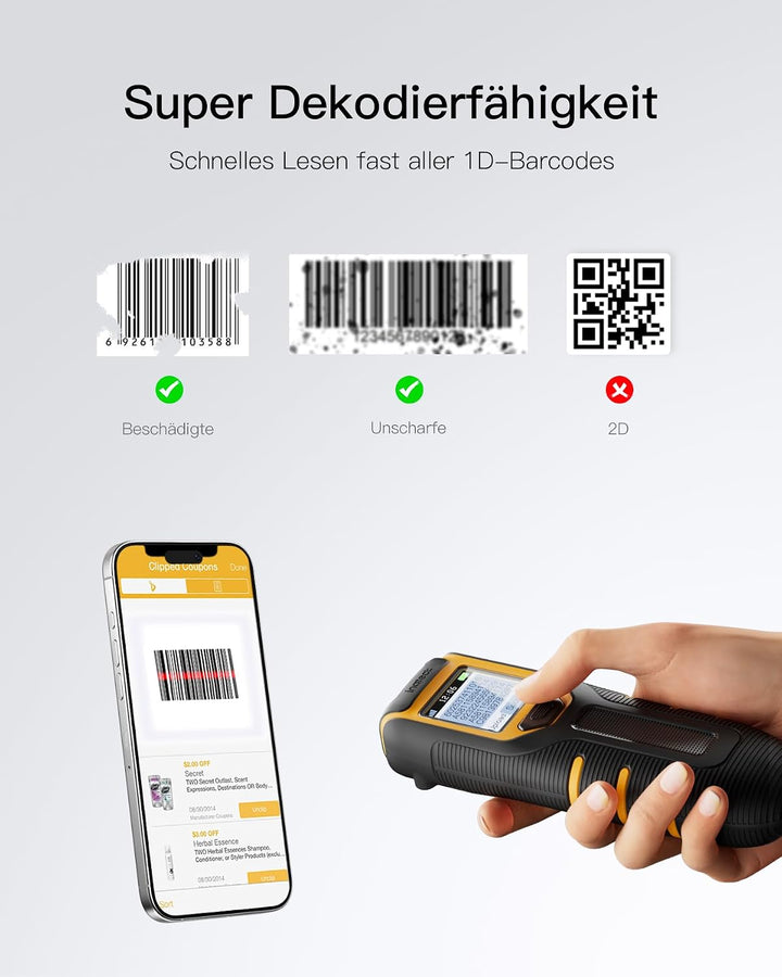 Inateck Tragbarer Barcode Scanner Kabellos 1D mit Display, BCST-49 | Kann Bildschirm Scannen, mit Bl