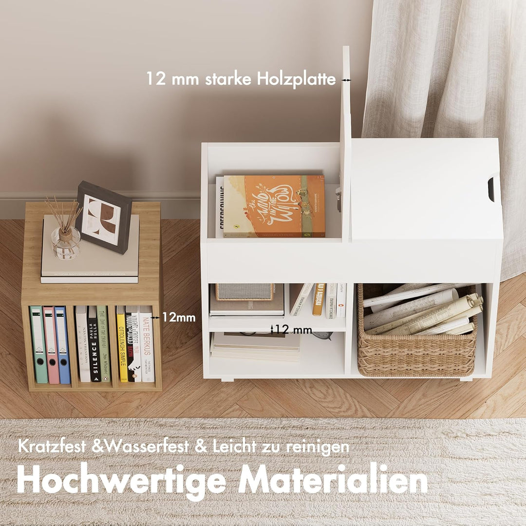 Rollcontainer,Mobiler Aktenschrank mit 4 Rollen,Büroschrank mit Abnehmbarer Bücherablage,2 Klappdeck