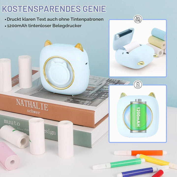 GuKKK Mini Drucker, Mobiler Fotodrucker, Tragbarer Mini Fotodrucker mit Sieben Farben LED, Wireless