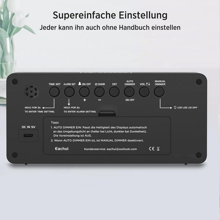 Eachui Wecker digital Batteriebetrieben mit grossen Zahlen, Digitaler Wecker mit LED Display, regelb