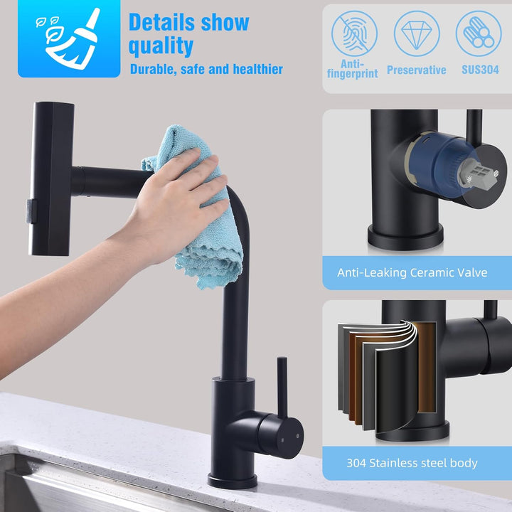 HOMELODY Wasserhahn Küche Schwarz, Küchenarmatur Ausziehbar mit 3 Strahlarten, Spültischarmatur mit