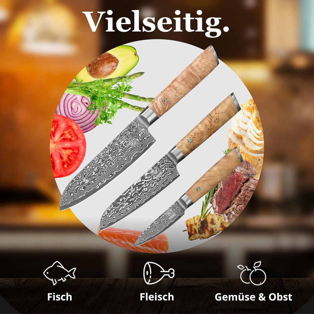 zayiko Kinone Premium 3er Damastmesser-Set mit 8-17 cm Klinge gefertigt aus 67 Lagen echtem Damastst