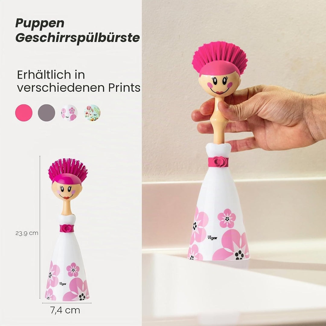 VIGAR Dolls April robuste Spülbürste mit Ständer, ABS, Nylon, Silikon Weiss Rosa April, Weiss Rosa A