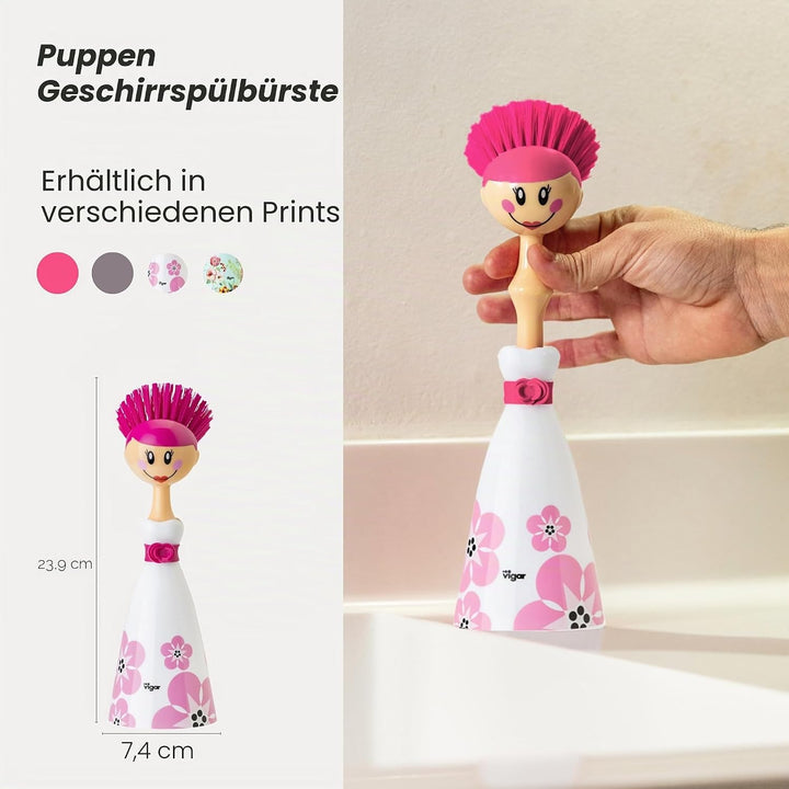 VIGAR Dolls April robuste Spülbürste mit Ständer, ABS, Nylon, Silikon Weiss Rosa April, Weiss Rosa A