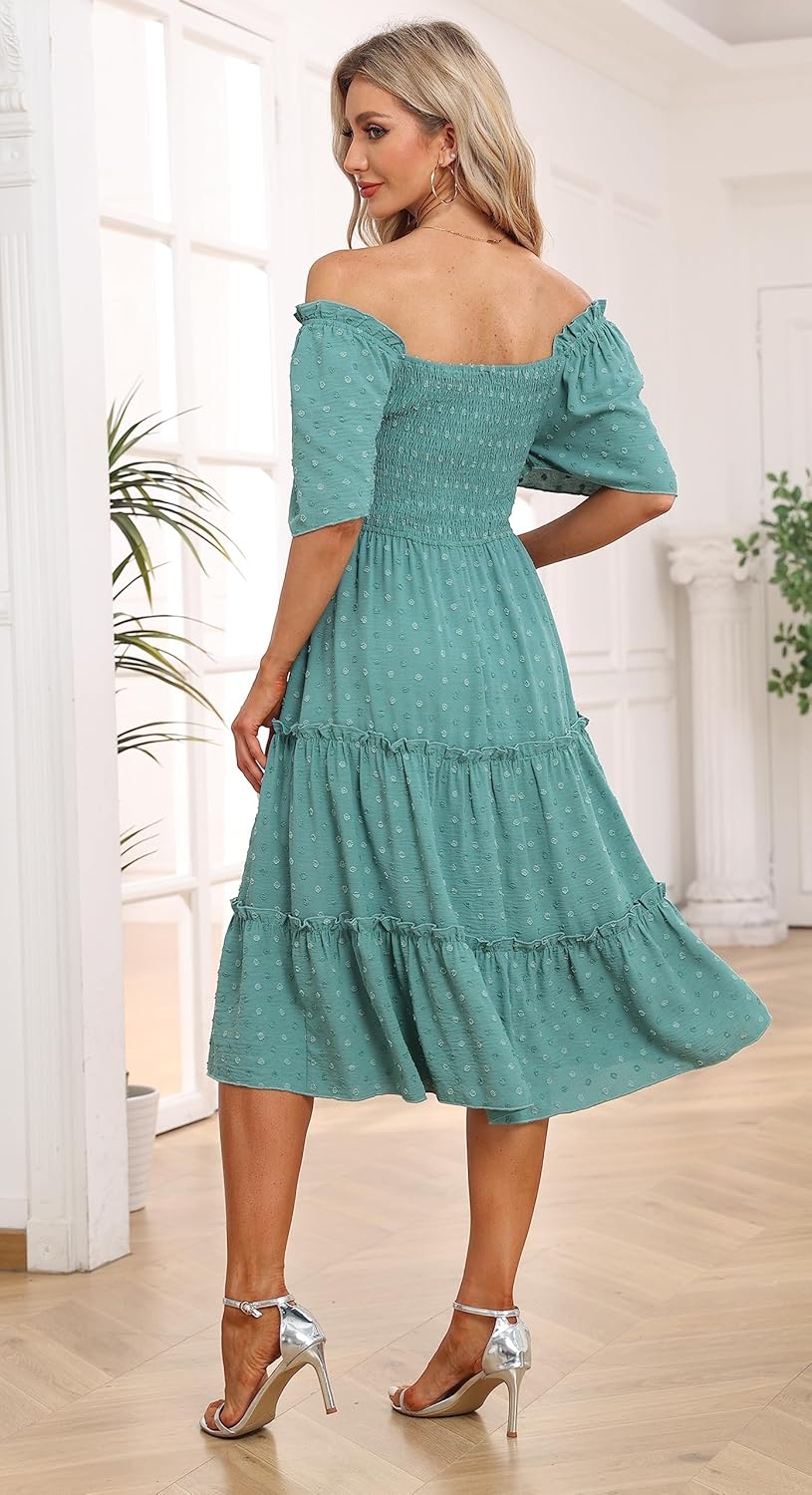 Damen Smocked Midi Kleid Kurzarm U-Ausschnitt Sommerkleid A-Linie Maxikleid Cocktail XL Aquamarin, X
