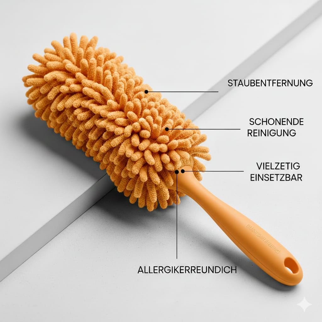 Staubwedel Set 5-teilig – Teleskop-Staubwedel aus Edelstahl + 3 Chenilleköpfe + Biegbare Ecke & Mikr