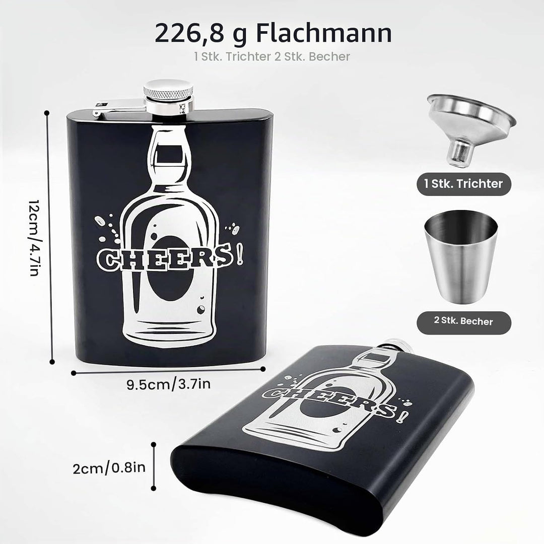Daily Treasures Whisky-Geschenkset in Holzbox mit 236ml Edelstahlflasche, 2 Gläsern + Trichter | CHE