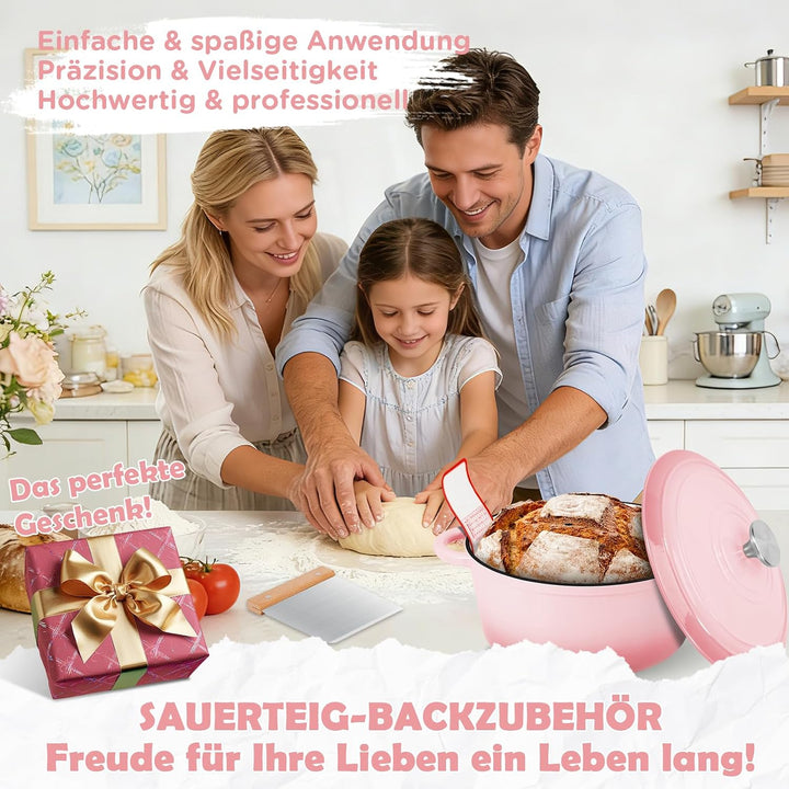 NZQXJXZ 26cm Gusseisen Topf Brot Backen 4,7L, Emaille Brotbackform mit Deckel &amp; Garkorb Komplettset,