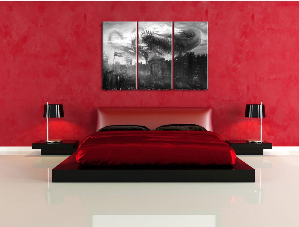 Pixxprint Drache über der Festung als Leinwandbild/Grösse: 3 Teilig (120x80 cm) cm/Wandbild/Kunstdru
