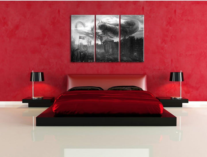 Pixxprint Drache über der Festung als Leinwandbild/Grösse: 3 Teilig (120x80 cm) cm/Wandbild/Kunstdru