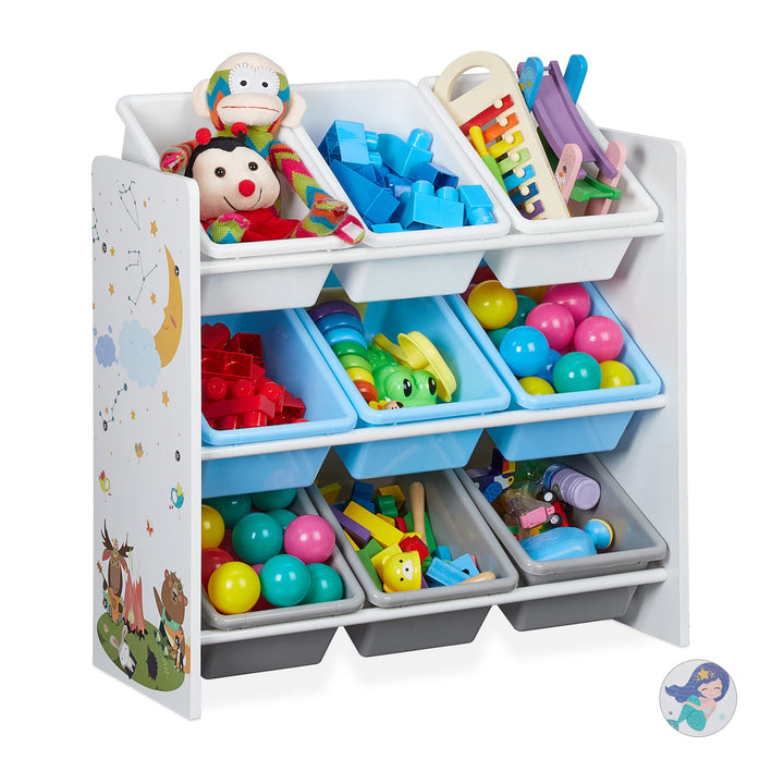 Relaxdays Kinderregal, 9 Aufbewahrungsboxen, Lagerfeuer Motiv, MDF, Kunststoff, Spielzeugregal HBT: