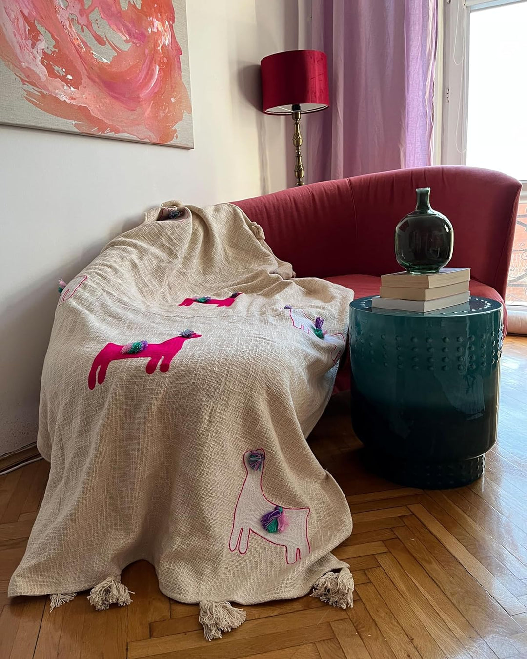 Deko Decke Baumwolle beige/rosa mit Lama-Motiv Quasten 130x180 cm Nandyal