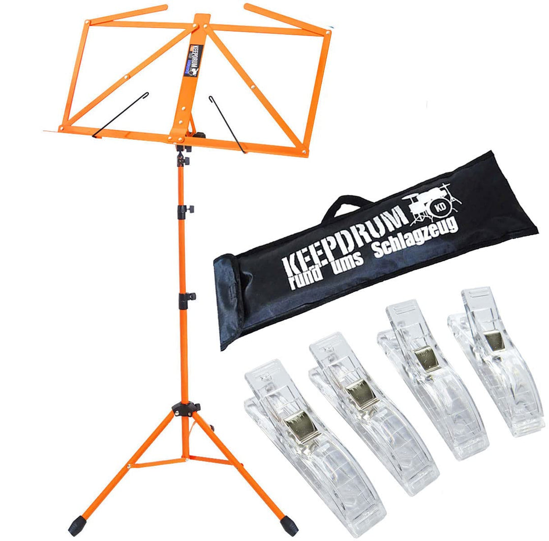 keepdrum MUS3OR Notenständer Orange + Tasche + 4 Stück Clip Notenklammer