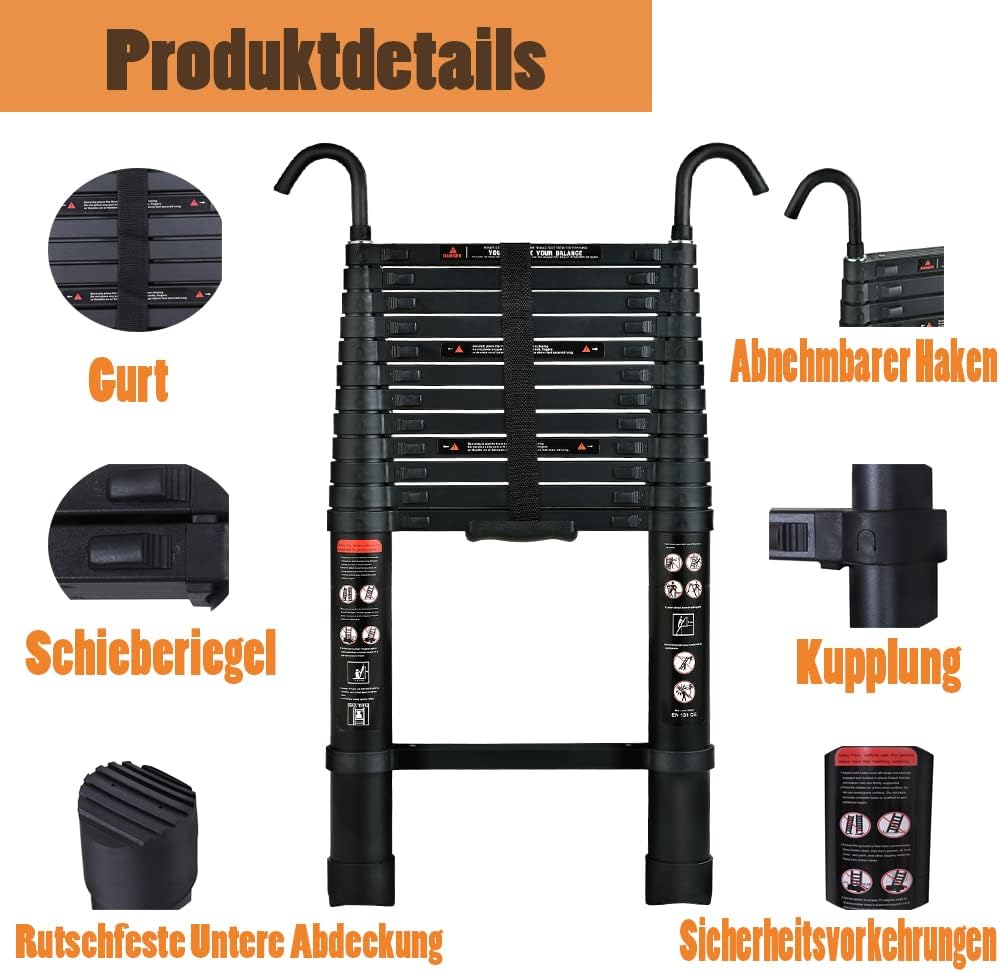 3,8M Teleskopleiter, Aluminium Teleskop Verlängerungsleiter, Tragbar für tägliche Haushalts- oder Wo