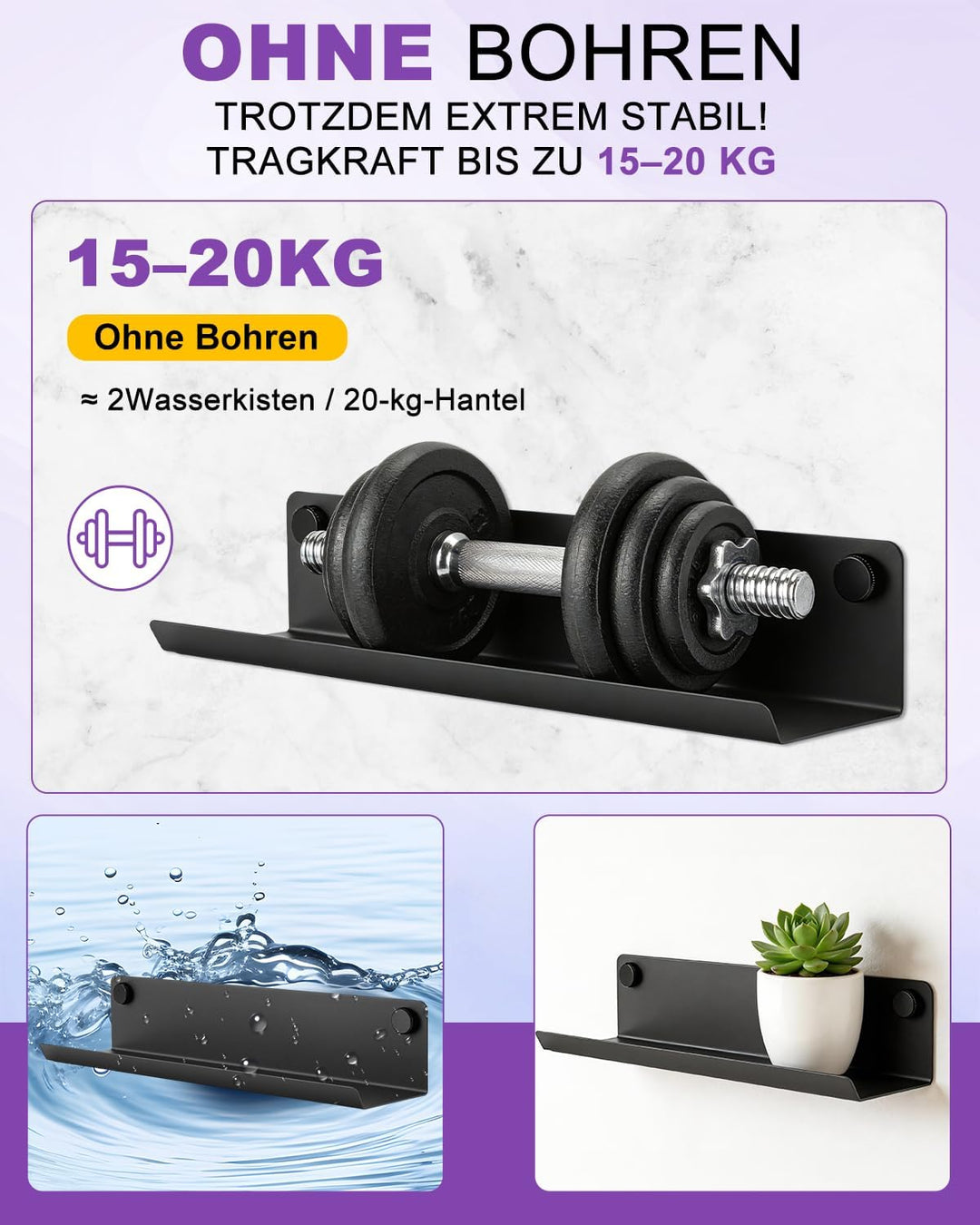 Haliya Regal für Akustikpaneele ohne Bohren – 7,5x36 cm Wandregal Metall Schwarz, Akustikpaneele Reg