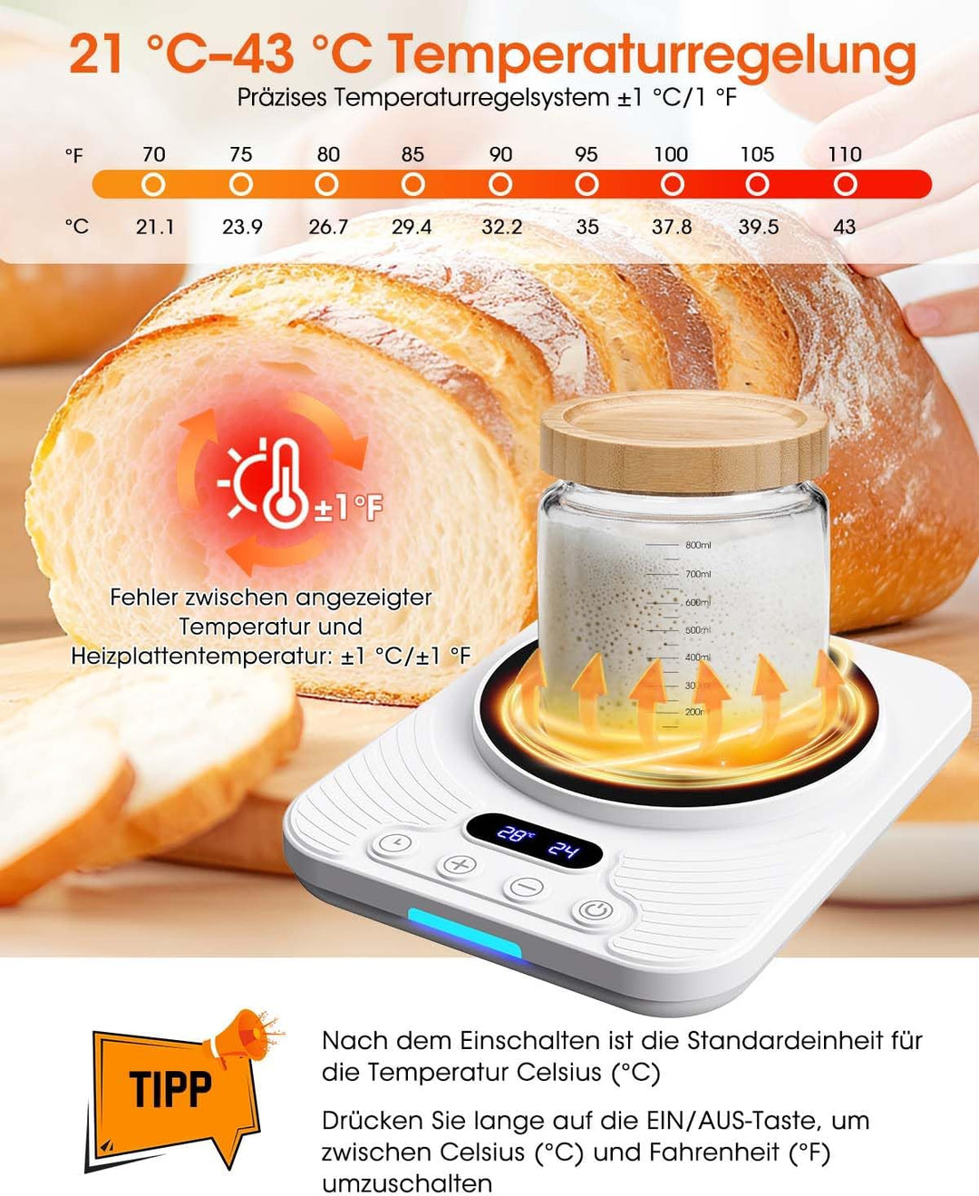 Sauerteigstarterwärmer, Wärmeplatte Präzise 1℃ Thermostat (21-43℃), 24H Timer, Automatische EIN/Aus-