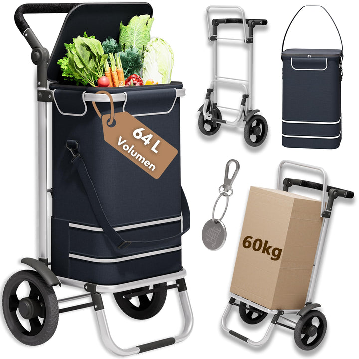Einkaufstrolley 64L gross, Einkaufstasche mit Rollen klappbar, Einkaufswagen bis 60kg, Trolley mit K