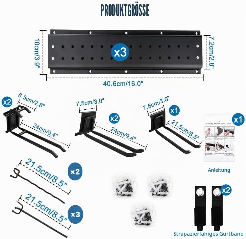 Gartengeräte Halterung,48 Zoll garage tool organizer wall mount, 3 verstellbare Platten + 10 Haken a