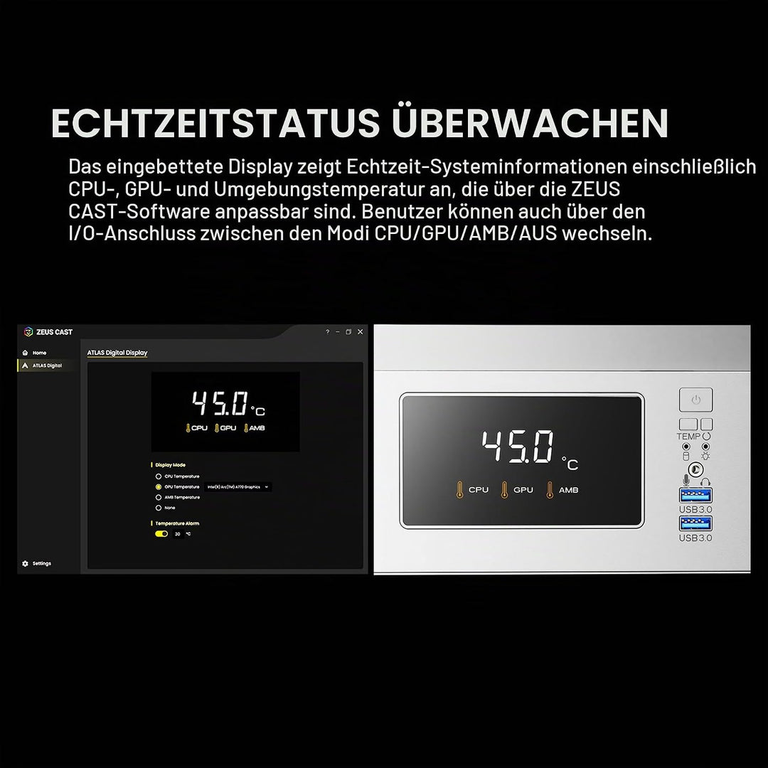 GAMDIAS Atlas E1 ATX Gaming Midi-Tower PC-Gehäuse,Echtzeit-Anzeige mit Software, Enthalten 3 x 120mm