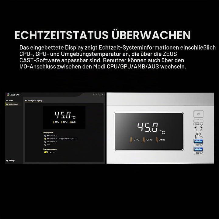 GAMDIAS Atlas E1 ATX Gaming Midi-Tower PC-Gehäuse,Echtzeit-Anzeige mit Software, Enthalten 3 x 120mm