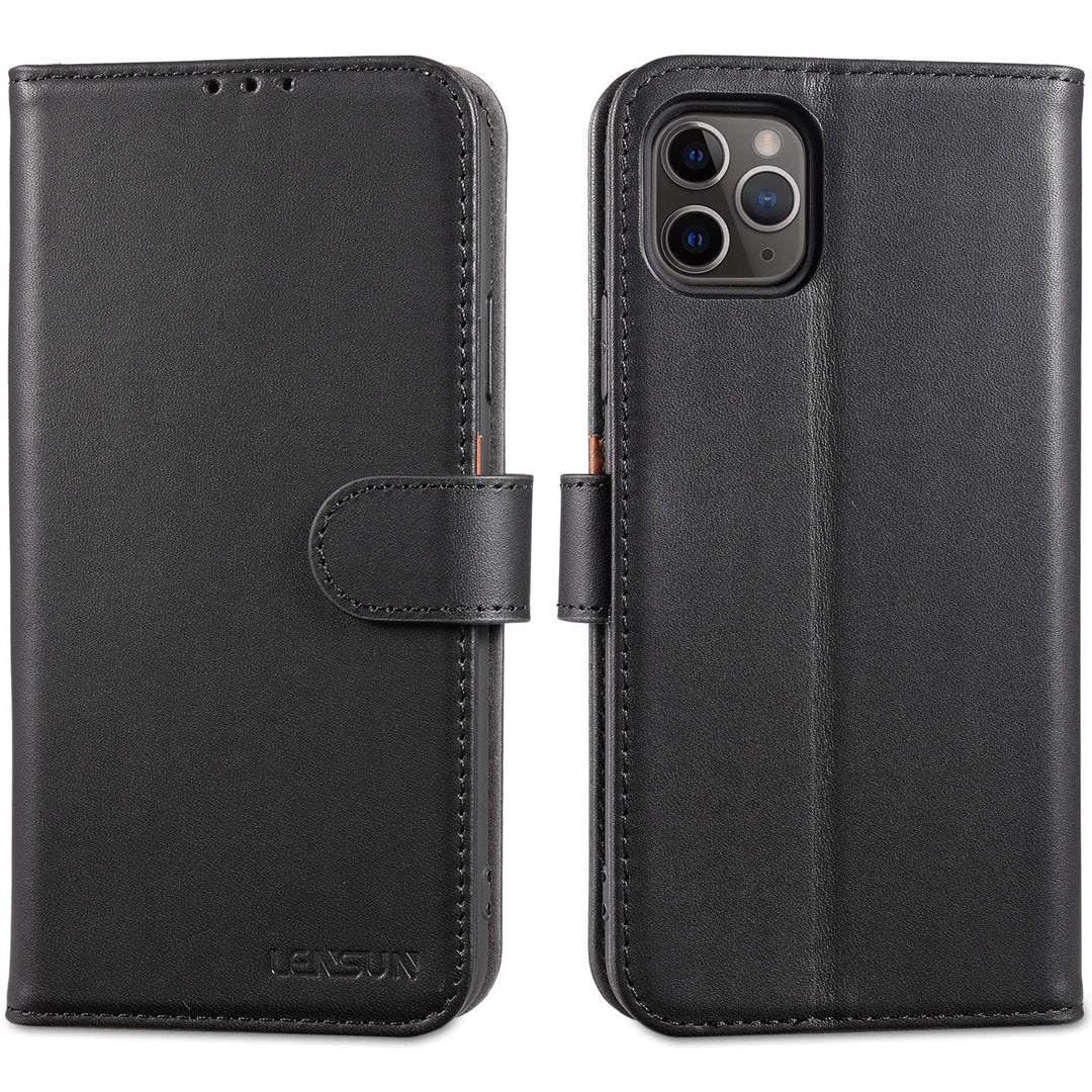 LENSUN Echtleder Hülle für iPhone 11 Pro Max, Handyhülle Flip Cover [Echtes Leder][Kartenfach][RFID