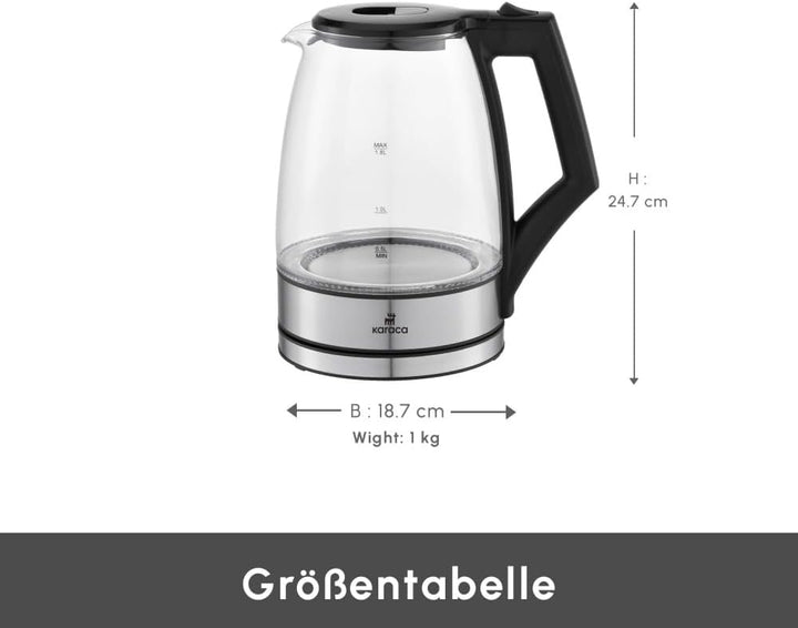 Karaca Glacia Kettle - Glas Wasserkocher Edelstahl - 2200W, 1,8 Liter, Elektrischer Wasserkocher Dur