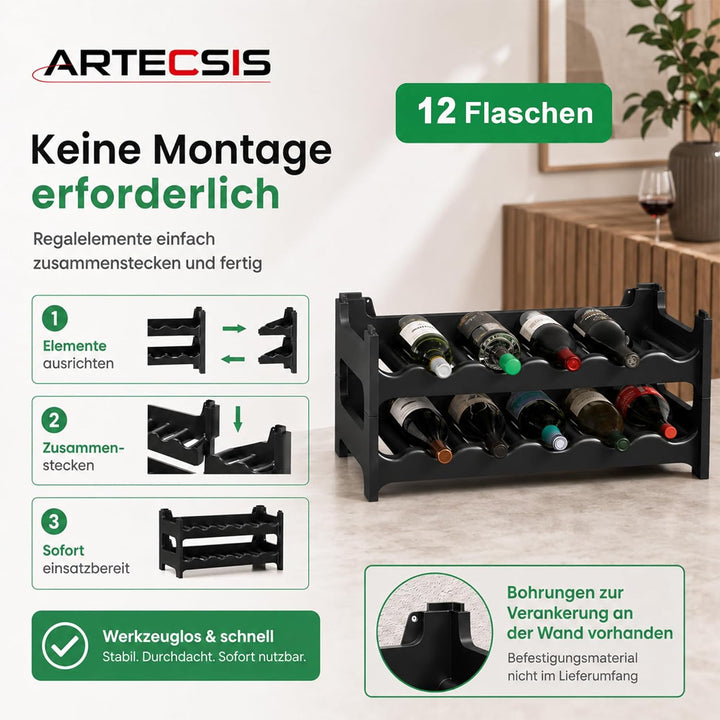 ARTECSIS Weinregal stapelbar Kunststoff für 12 Flaschen, stabiles Flaschenregal in Gastronomie-Quali
