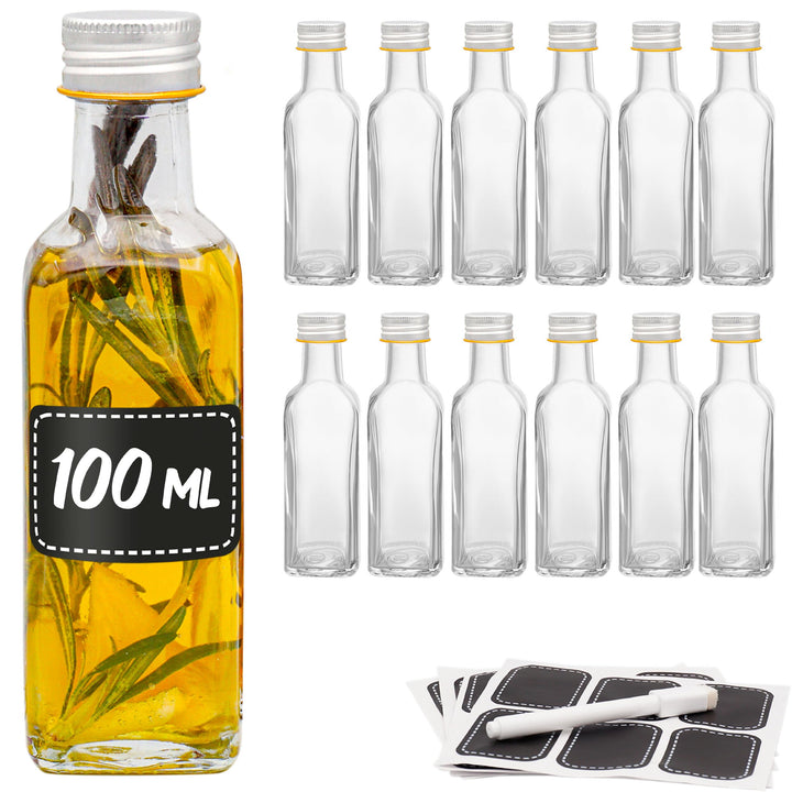 Praknu 12 Glasflaschen 100ml Schraubverschluss Flaschen zum Befüllen - 12 Etiketten mit Stift - Glas