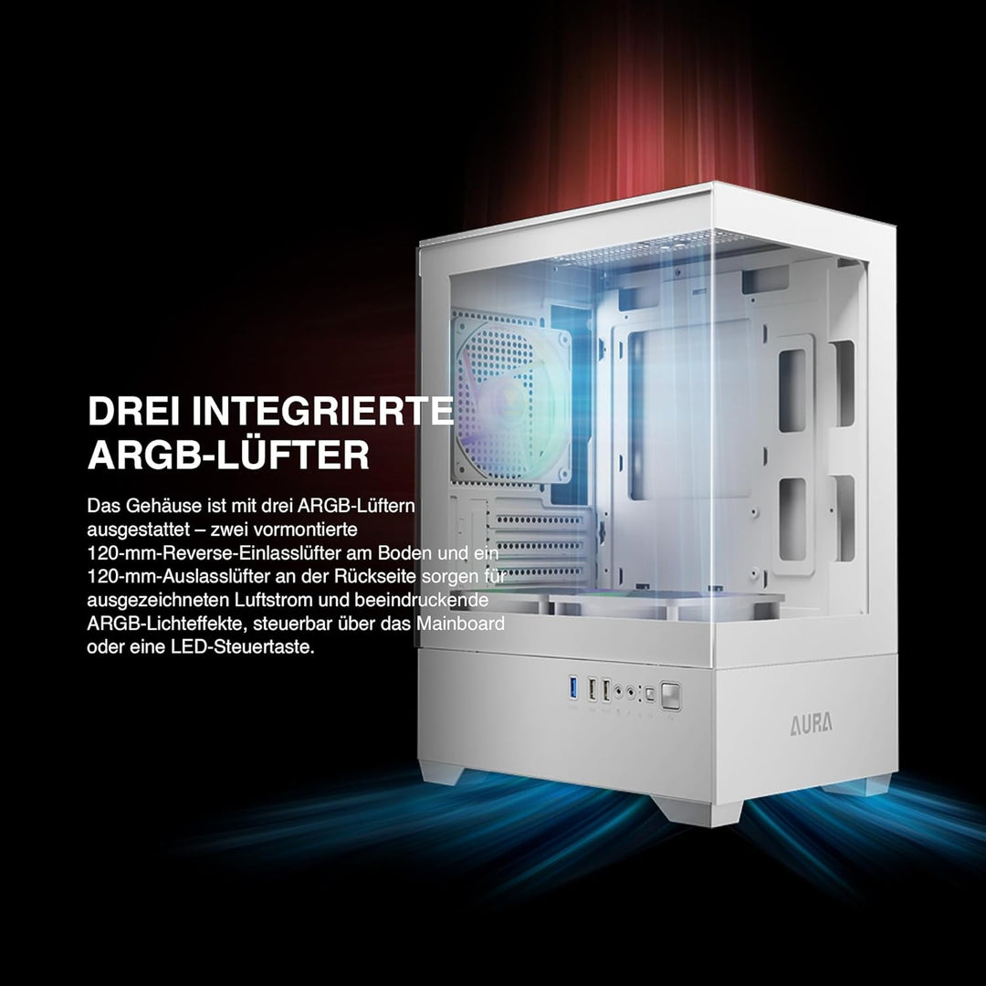 GAMDIAS Aura GC9M ARGB WH M-ATX Micro Tower PC-Gehäuse, Nahtloses Seitenteil aus Gehärtetem Glas, 3