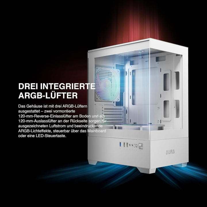 GAMDIAS Aura GC9M ARGB WH M-ATX Micro Tower PC-Gehäuse, Nahtloses Seitenteil aus Gehärtetem Glas, 3