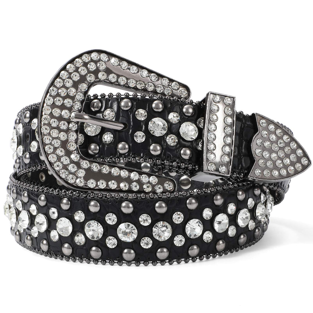 LEACOOLKEY Damen Männer Mode Strass Gürtel, Western Cowgirl Nieten Punk PU Ledergürtel für Jeans XL: