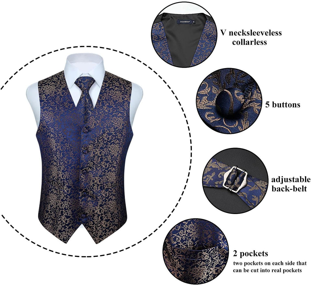 HISDERN Herren Weste Paisley Floral Jacquard Krawatte Einstecktuch Taschentuch Weste Anzug Set S Nav