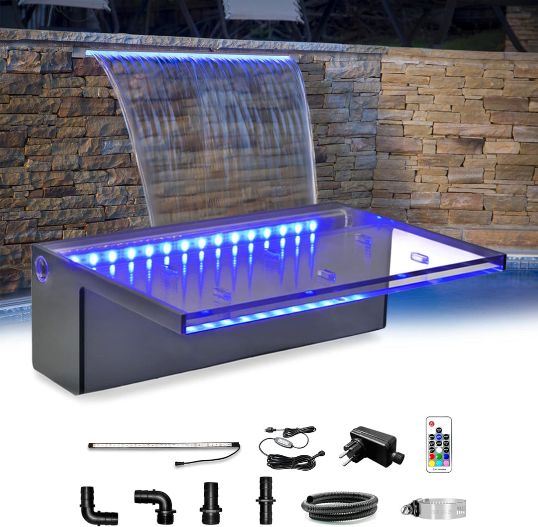 LONGRUN Pool Wasserfall Bachlaufsets, Garten Brunnen mit Farbwechsel LED, Acryl Teich Wasserfontäne
