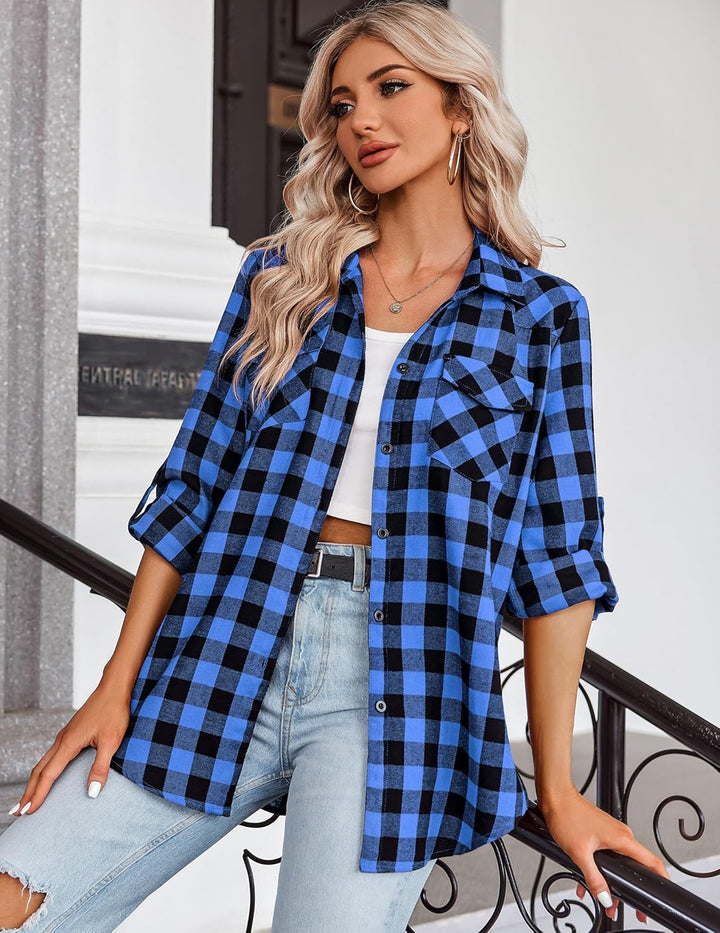 Zeagoo Karierte Hemd Damen Langarm Trachtenbluse Baumwolle Karohemd 3/4 Ärmeln Oktoberfest Hemdbluse
