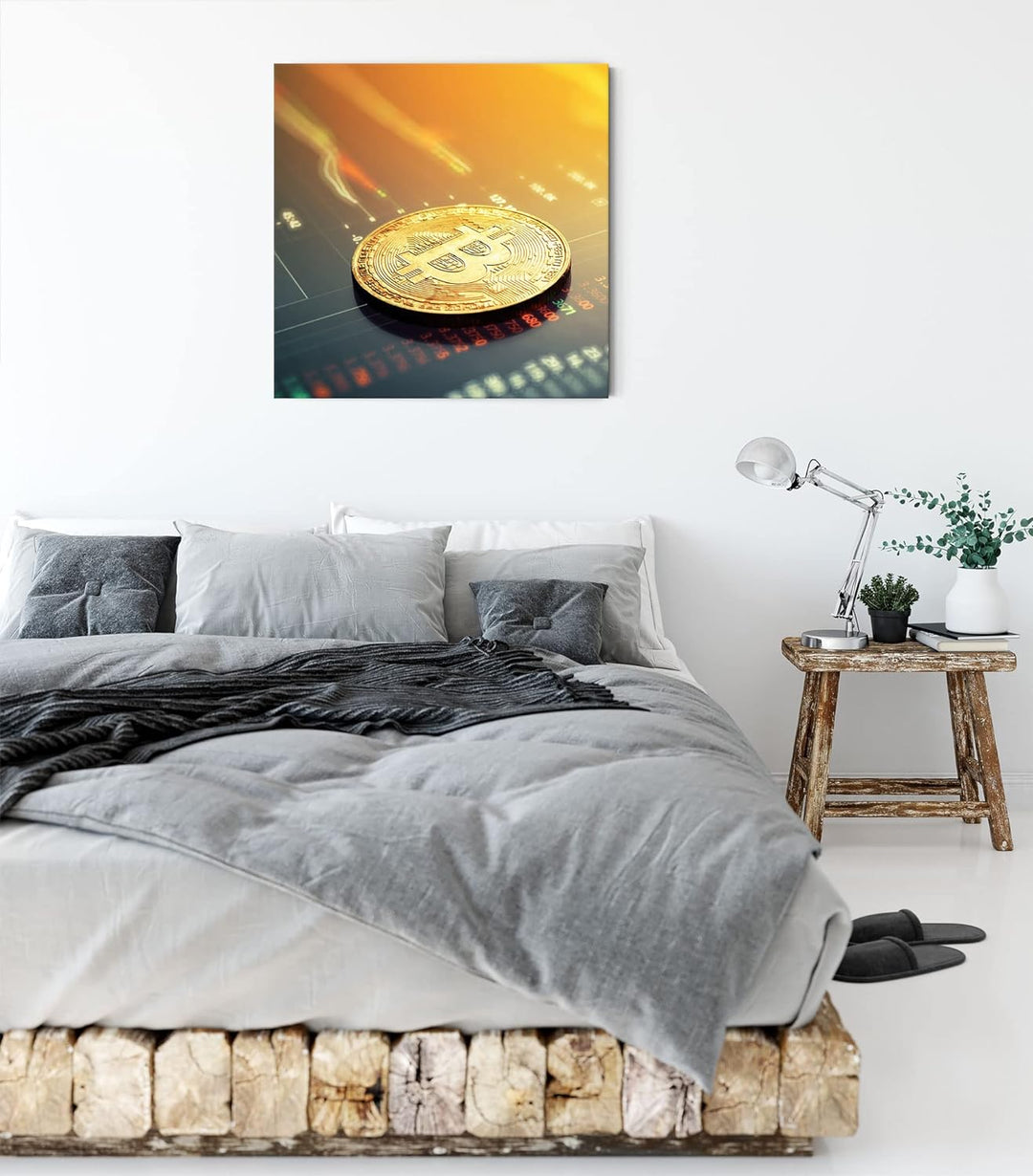 Pixxprint Bitcoin BTC Aktienmarkt als Leinwandbild Quadratisch| Grösse: 60x60 cm | Wandbild | Kunstd