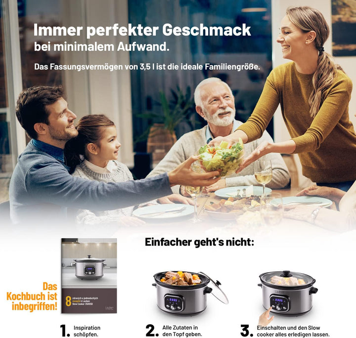 Lauben Slow Cooker 3500SB Schongarer mit Thermeffect®-Technologie, SlowHeat®-Technologie, Kochbuch,
