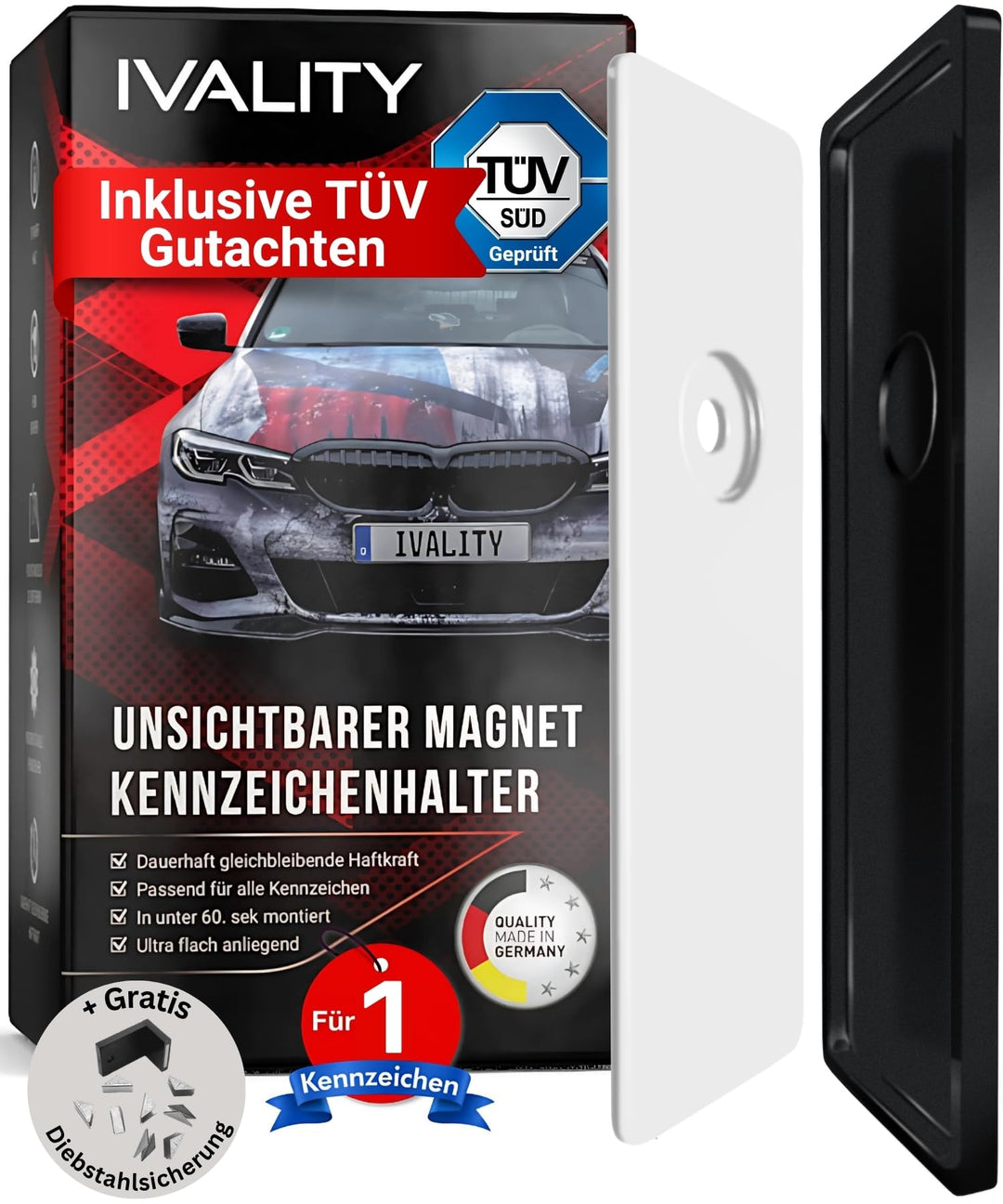 IVALITY Magnetischer Kennzeichen-Halter - Rahmenlose Nummernschild-Halterung für 1X Alu-Kennzeichen