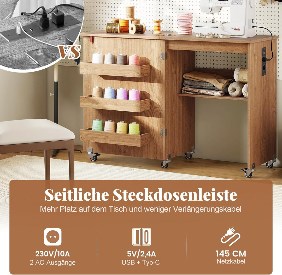 COSTWAY 2 in 1 Nähtisch klappbar mit Ladestation, Nähmaschinenschrank aus Holz mit Regalen, Nähschra